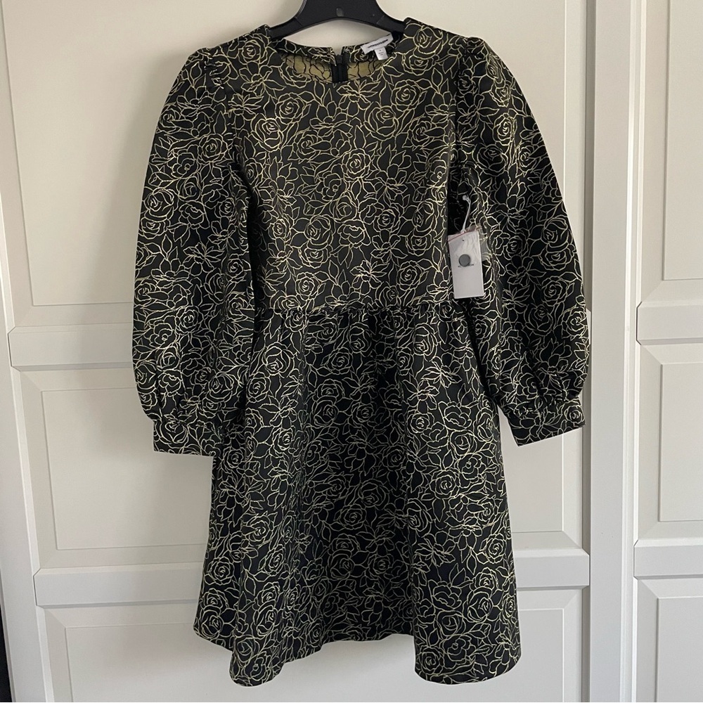 New! Nordstrom black gold metallic rose floral long sleeve dress 20718